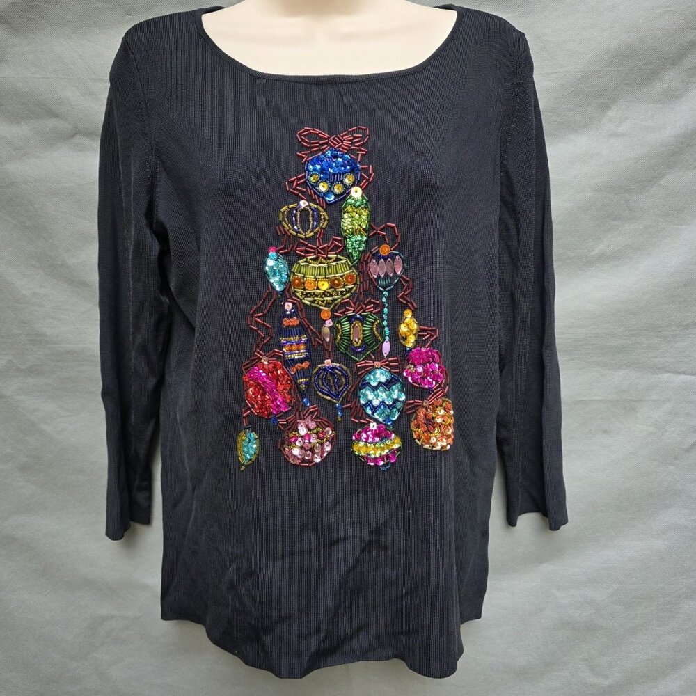 Lucia Burns Holiday Black Sequin Ornament Christmas Tree Festive Shirt Blouse